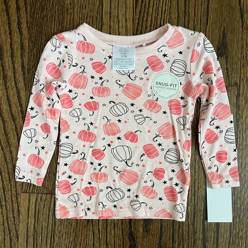 Tres Beau Et Belle Pink Pumpkin Toddler Pajama Set 12M New - Picture 3 of 5